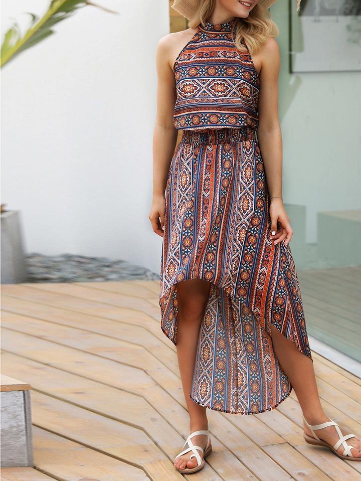 Choies Orange Halter Folk Print Open Back Hi-lo Dress