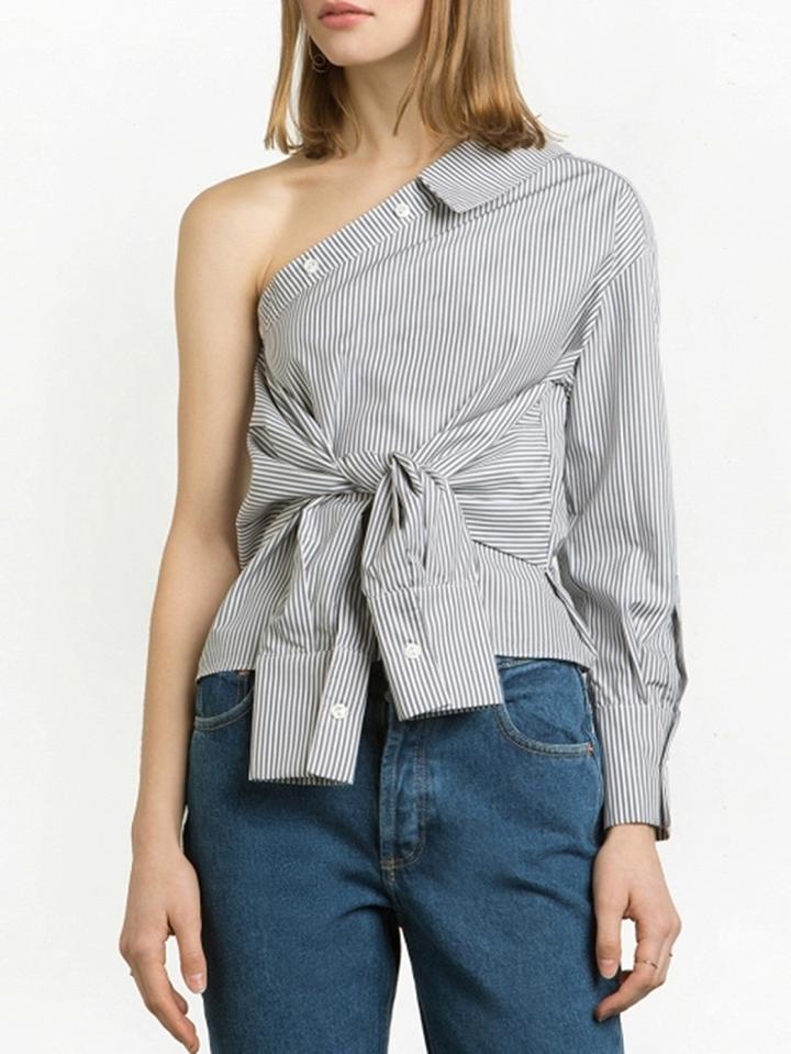 Choies Gray Pinstripe One Shouder Tie Front Shirt