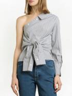 Choies Gray Pinstripe One Shouder Tie Front Shirt