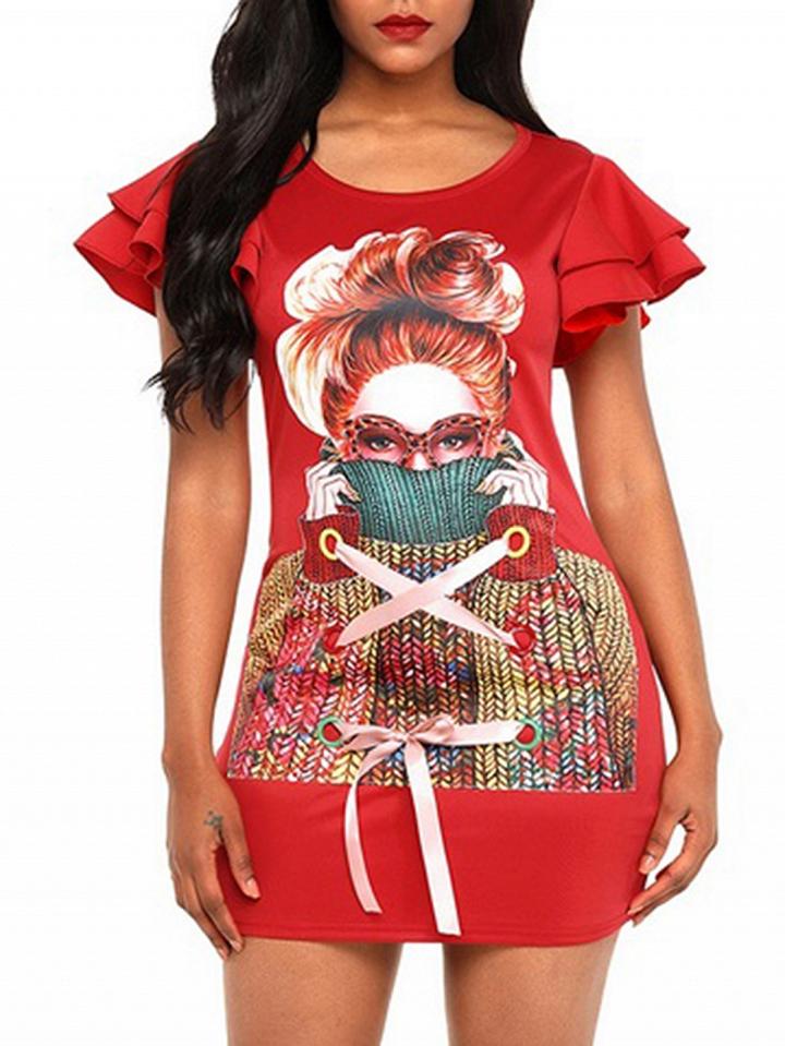 Choies Red Character Print Eyelet Lace Up Front Bodycon Mini Dress