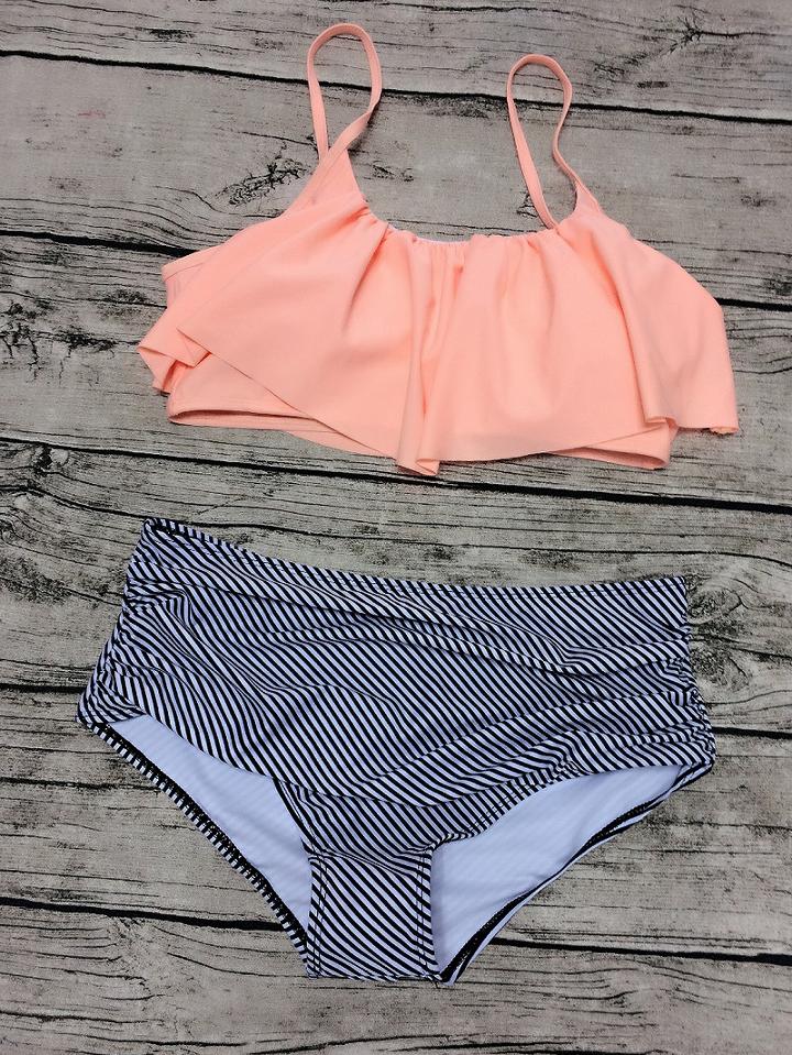 Choies Pink Ruffle Padded Bikini Top And High Waist Stripe Bottom