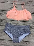 Choies Pink Ruffle Padded Bikini Top And High Waist Stripe Bottom