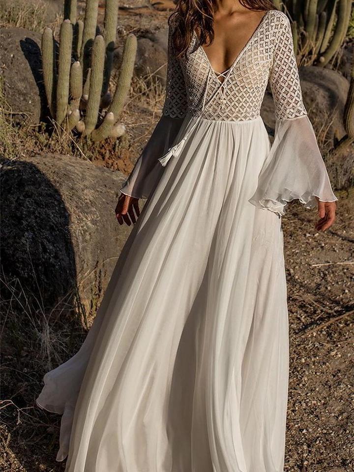 Choies White Plunge Lace Up Front Flare Sleeve Chic Women Maxi Dress
