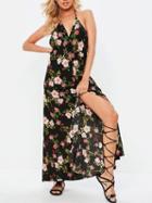 Choies Black Cotton Blend Halter V-neck Floral Print Chic Women Maxi Dress