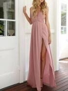 Choies Pink Spaghetti Strap Plunge Thigh Split Open Back Maxi Dress