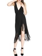 Choies Black Deep V Spaghetti Straps Back Cross Asymmetric Tassel Hem Dress