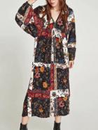 Choies Polychrome V-neck Floral Print Long Sleeve Midi Dress