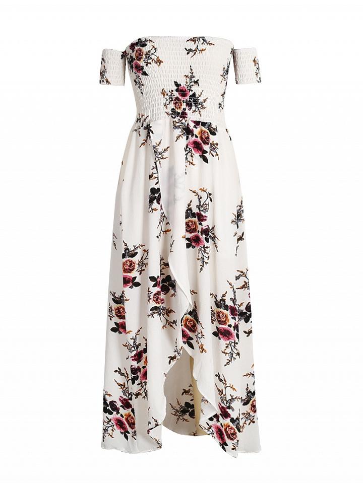 Choies White Off Shoulder Shirred Floral Print Wrap Maxi Dress