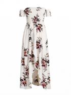 Choies White Off Shoulder Shirred Floral Print Wrap Maxi Dress