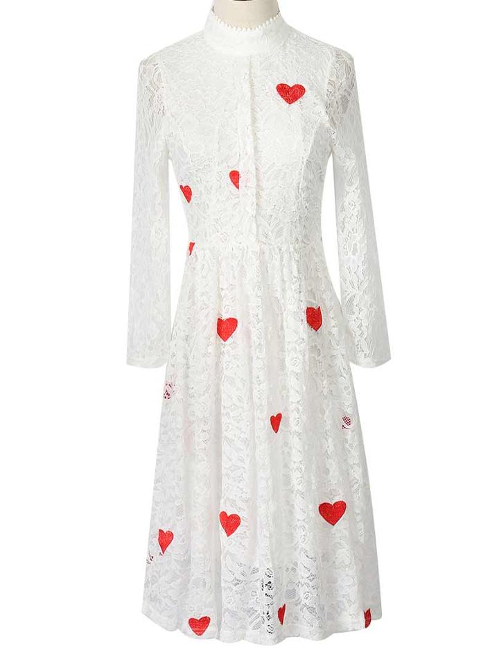 Choies White Heart Embroidery Lace High Neck Ruffle Dress
