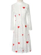 Choies White Heart Embroidery Lace High Neck Ruffle Dress