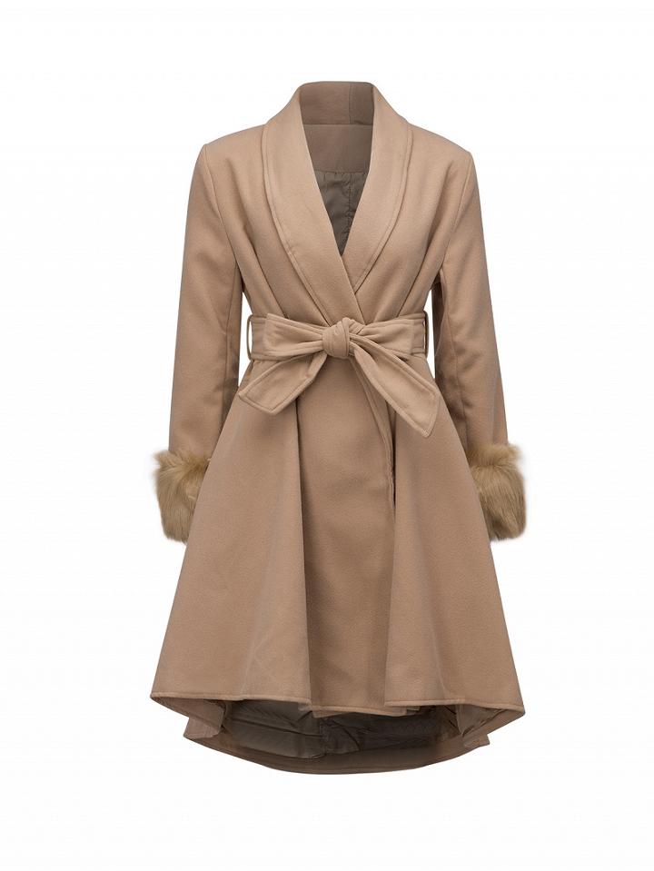 Choies Camel Tie Waist Faux Fur Cuff Dipped Hem Wool Blend Coat