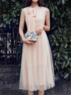 Choies Beige Tie Neck Sleeveless Ruched Tulle Maxi Dress