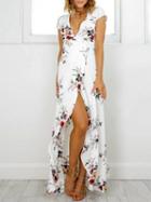 Choies White V-neck Floral Print Tie Waist Maxi Dress