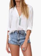 Choies White V Neck Roll Up Sleeve Loose Blouse