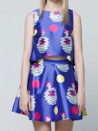 Choies Blue Cartoon Polka Dot Print Vest And High Waist Skater Skirt