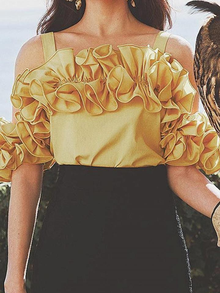 Choies Yellow Cold Shoulder Frill Trim Chic Women Cami Top