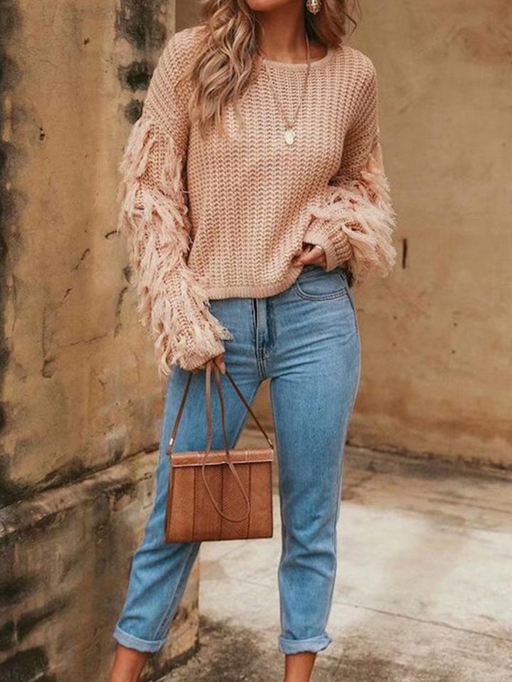 Choies Pink Tassel Embellished Long Sleeve Chic Women Knit Sweater