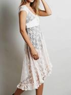 Choies White V-neck Lace Up Front Sleeveless Lace Midi Dress