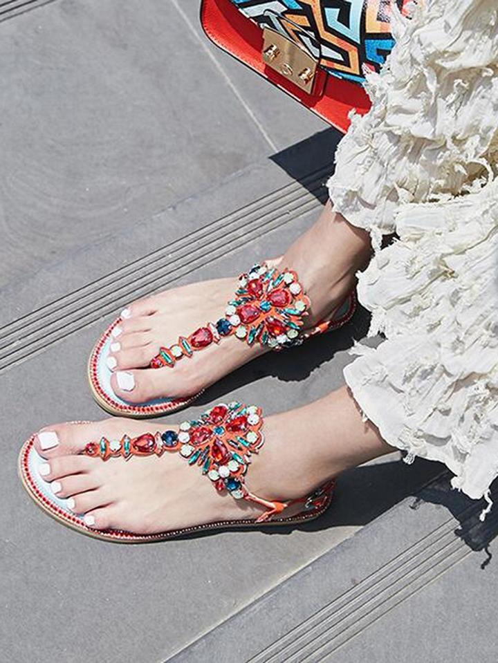 Choies Red T-band Crystal Pinch Chic Women Flat Sandals