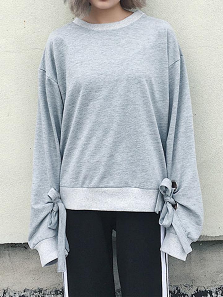 Choies Gray Eyelet Tie Detail Long Sleeve Sweatshirt