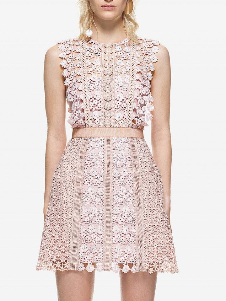 Choies Pink Floral Lace Trimmed Sleeveless A-line Mini Dress