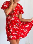Choies Red Floral Plunge Neck Cut Out Open Back Cap Sleeve Dress