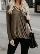 Choies Gray V-neck Cross Strap Long Sleeve Blouse