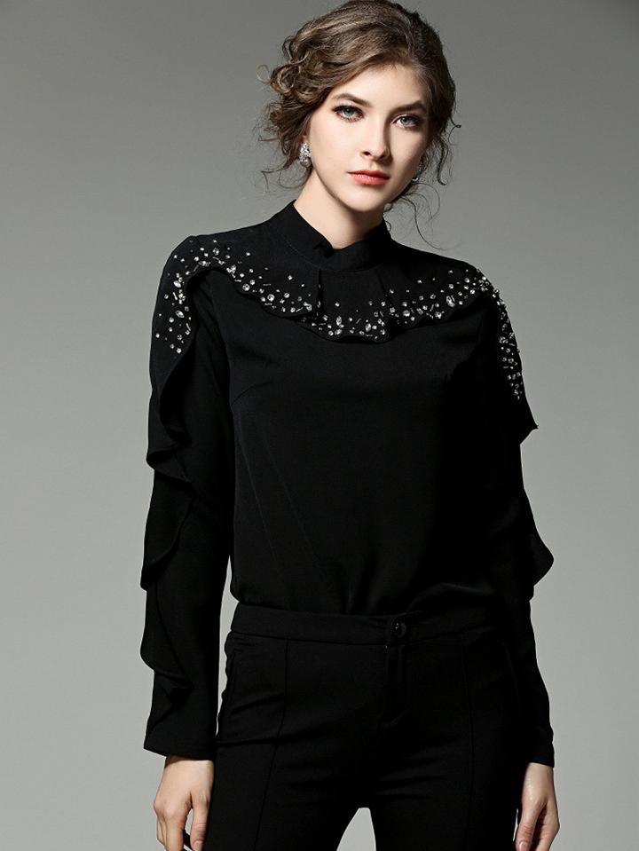 Choies Black Beaded Detail Ruffle Trim Long Sleeve Blouse