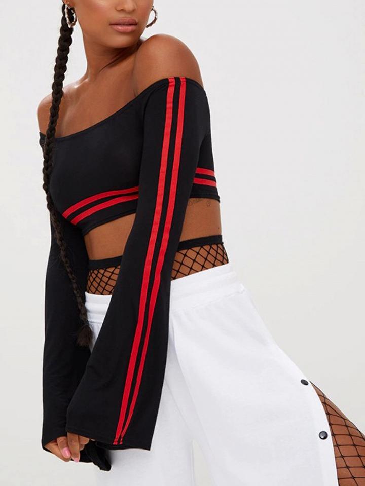 Choies Black Stripe Off Shoulder Flare Sleeve Crop Top