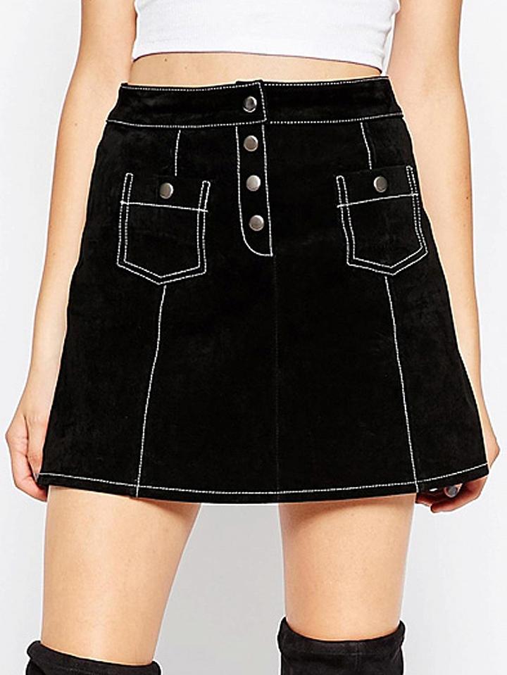 Choies Black Button Front Pocket Trimmed A-line Mini Skirt