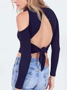 Choies Black High Neck Cold Shoulder Tied Cut Out Back Crop Top