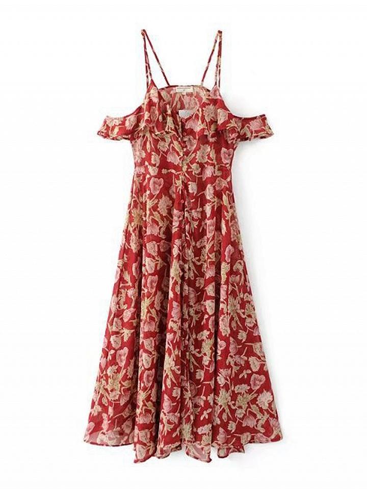 Choies Red V-neck Cold Shoulder Floral Spaghetti Strap Split Maxi Dress