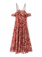 Choies Red V-neck Cold Shoulder Floral Spaghetti Strap Split Maxi Dress