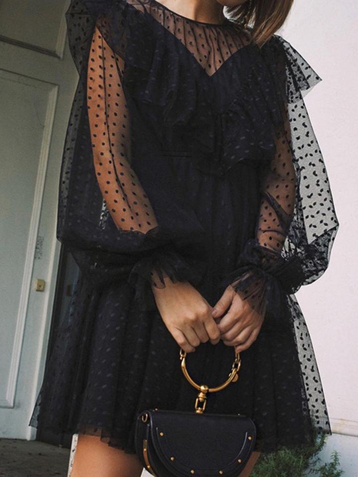 Choies Black Polka Dot Puff Sleeve Sheer Mesh Mini Dress And Cami Lining