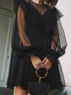 Choies Black Polka Dot Puff Sleeve Sheer Mesh Mini Dress And Cami Lining
