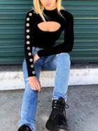 Choies Black High Neck Eyelet Detail Long Sleeve Women Crop Top