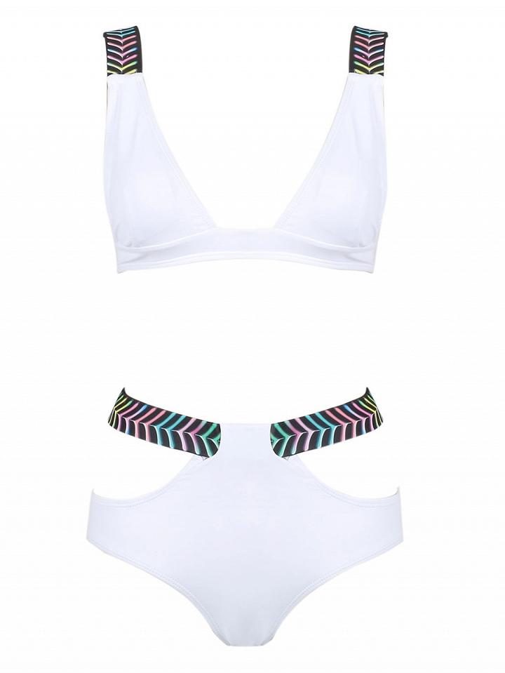 Choies White Arrow Head Print Bikini Top And Cut Out Side Bottom