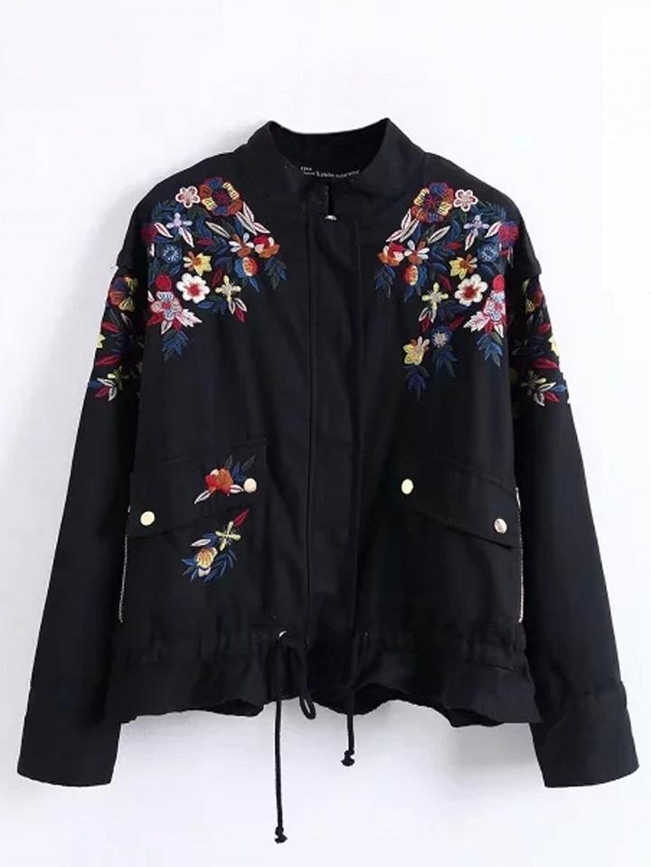 Choies Black Embroidery Floral Ruffle Hem Long Sleeve Parka Coat