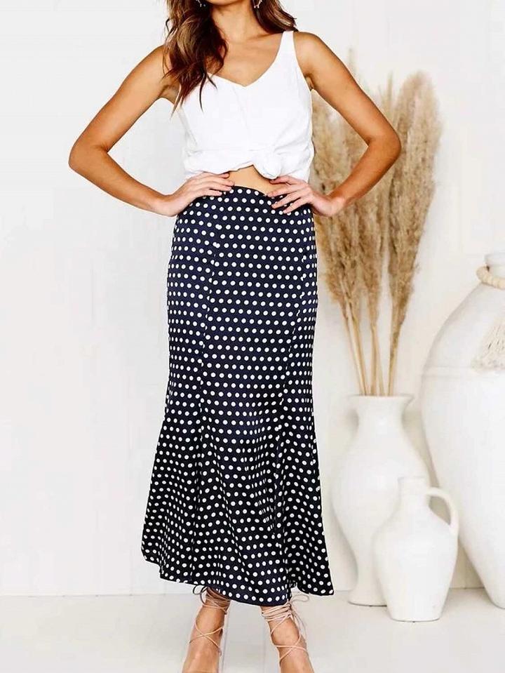 Choies Blue Satin Look High Waist Polka Dot Print Ruffle Trim Maxi Skirt