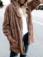 Choies Brown Open Front Fluffy Hooded Coat