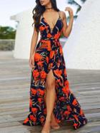 Choies Red Plunge Floral Print Open Back Chic Women Cami Maxi Dress