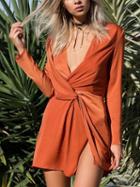 Choies Orange Plunge Knot Front Long Sleeve Mini Dress
