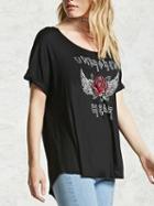 Choies Black Wing Rose Print Ladder Rip Back Short Sleeve T-shirt