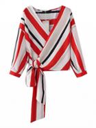 Choies Polychrome Stripe Wrap Front Tied Long Sleeve Top