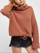 Choies Brown High Neck Long Sleeve Turn Up Cuffs Chunky Knit Sweater