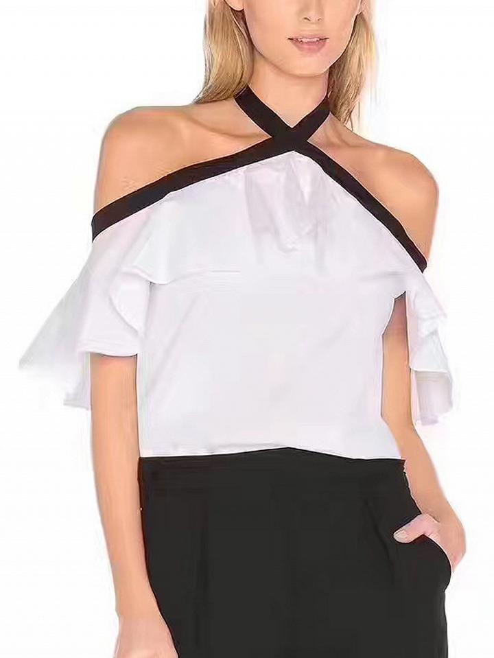 Choies White Halter Off Shoulder Ruffle Trim Blouse