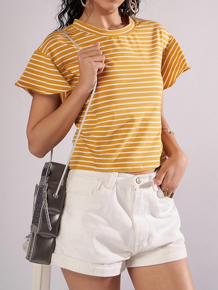 Choies Yellow Stripe Eyelet Lace Up Back Chic Women Blouse