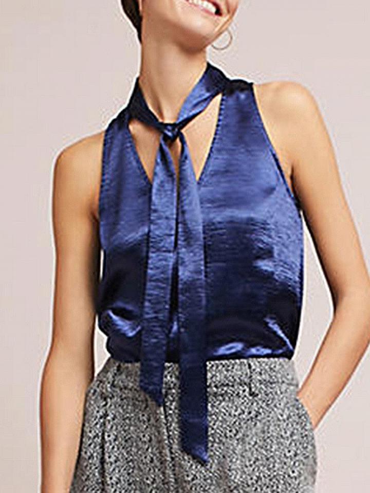 Choies Navy Blue Satin Look V-neck Tie Front Sleeveless Blouse