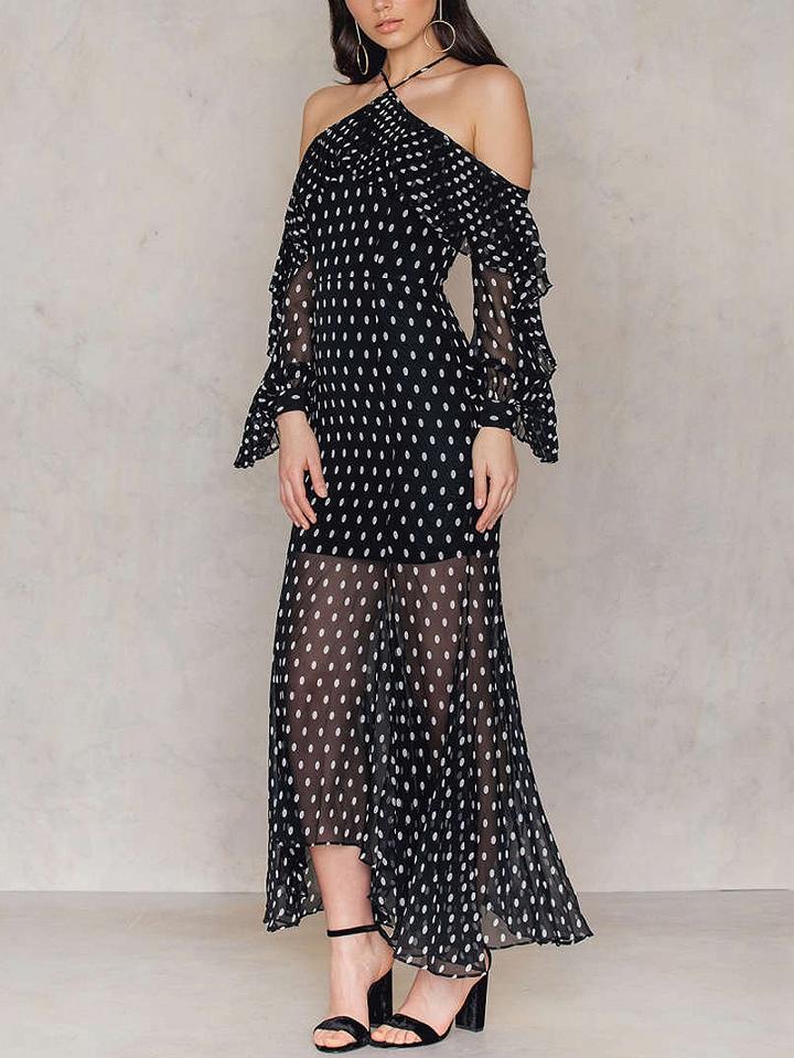 Choies Black Halter Polka Dot Cold Shoulder Ruffle Maxi Dress